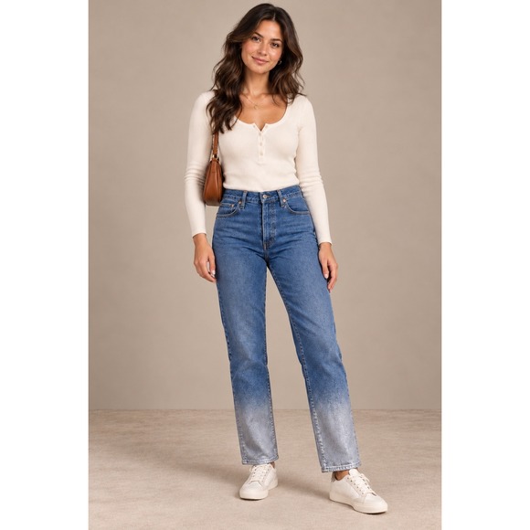 Levi's Denim - Levis Wedgie Straight Jeans Womens 31 Blue Medium Wash Button Fly Ombre Metallic